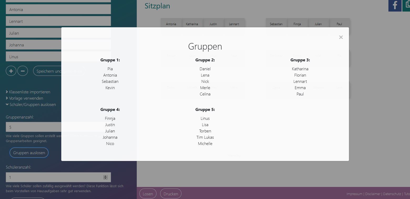 Sitzplan mit Reihen